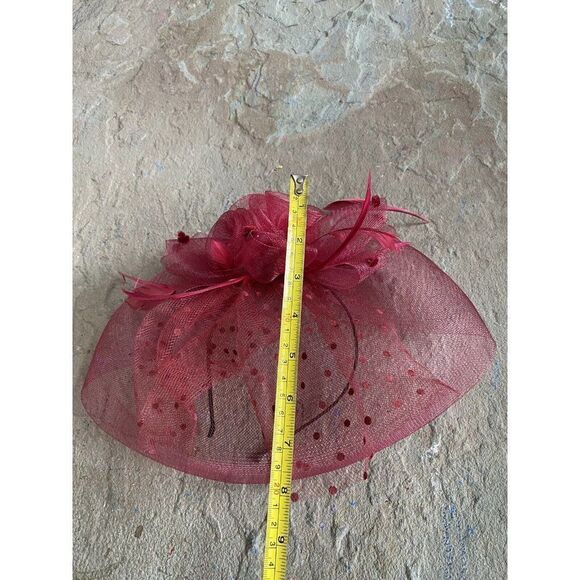 Vintage Hat Fascinator Kentucky Derby Red Rise Polkadot Sheer Headband Mesh - Picture 9 of 11